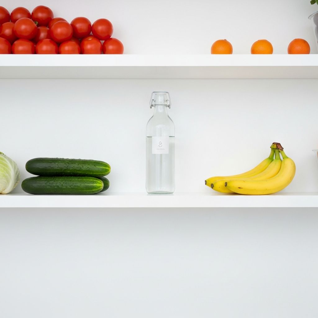 Organized kitchen shelves with fruits and vegetables in minimal white space
