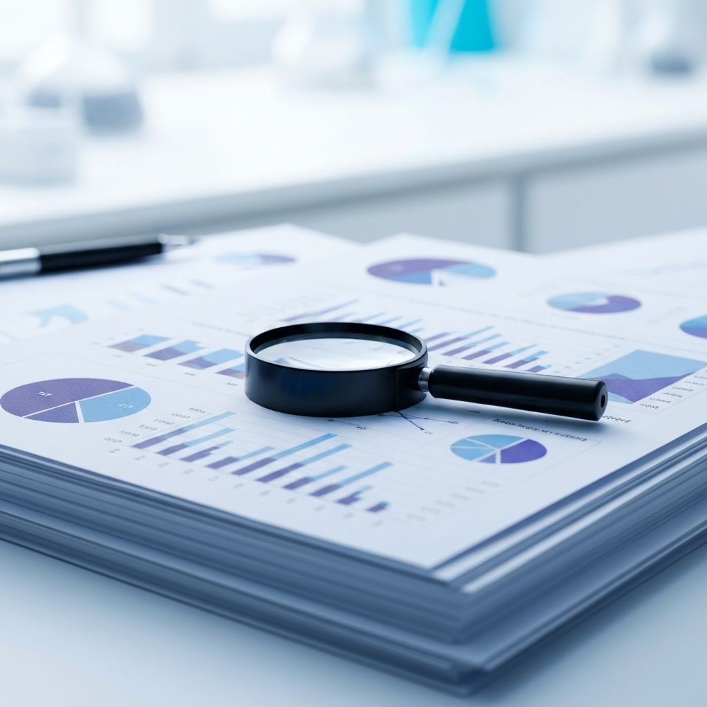 Stack of research papers with charts and magnifying glass